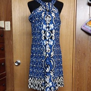 INC International Concepts Blue and Cream Halter Midi Dress